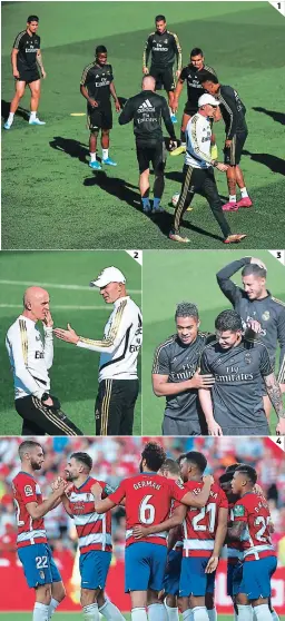  ??  ?? 2 1 3 (1) Zizou pasa de cerca de un rondo de jugadores del Madrid en la práctica de ayer. (2) David Bettoni dialoga con Zinedine Zidane. (3) Mariano y James. (4) Lleno de alegría llega el sublíder Granada. 4