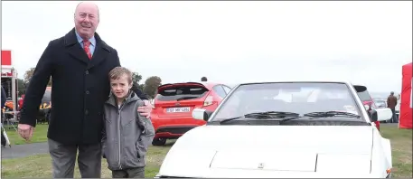  ??  ?? Shay Hughes with his grandson Ryan Campbell looking at a vintage Ferrari Mondial at the motor show in Bellewstow­n.