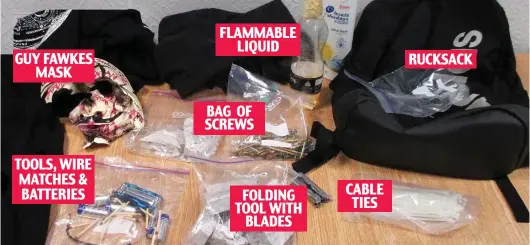  ??  ?? Deadly arsenal: Masks and bomb-making equipment including screws that police found at the boys’ secret hideout FLAMMABLE LIQUID GUY FAWKES MASK RUCKSACK BAG OF SCREWS TOOLS, WIRE MATCHES & BATTERIES CABLE TIES FOLDING TOOL WITH BLADES