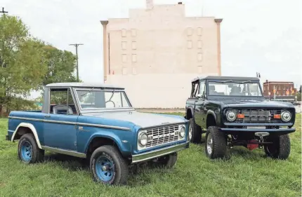  ??  ?? The 1966 Ford Bronco with a VIN number of 000, left, and Gateway Bronco’s re-imagined edition that costs about $320,000. This original 1966 Bronco is the first Bronco ever to roll off the Ford production line.