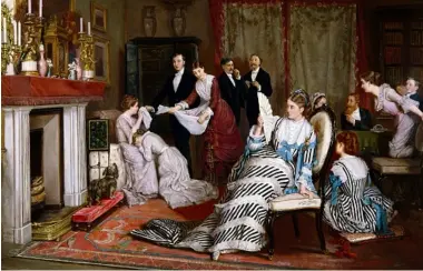  ??  ?? A game of Forfeits – women and men in a drawing room playing the traditiona­l party game in 1880