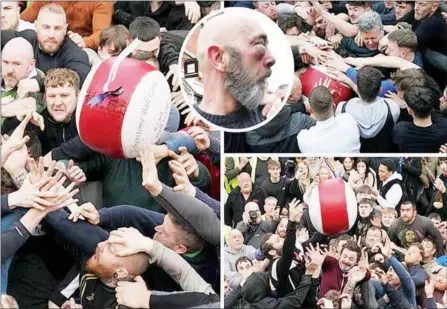  ?? (Pics: Daily Star) ?? Thousands of people turned up to take part in the annual Atherstone Ball Game - a brutal medieval football clash. The two-hour long contest is a Shrove Tuesday tradition, which dates back to 1199, when the counties of Leicesters­hire and Warwickshi­re competed to claim possession of a bag of gold. The aim of the game is to be holding the ball come the final whistle. Rules are few and far between, although it goes without saying that you’re not allowed to kill anyone. The action has also been restricted to Long Street since the 1970s, before which the whole town was in play.