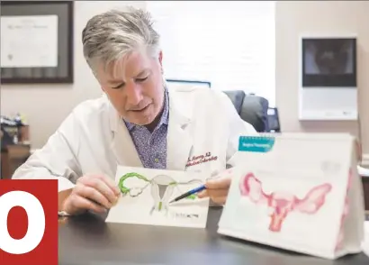  ?? ?? Dr. Rink Murray of Tennessee Reproducti­ve Medicine points to areas of the female reproducti­ve system where pregnancie­s sometimes implant outside of the uterus, a potentiall­y deadly condition called ectopic pregnancy, on Sept. 9 in his office.