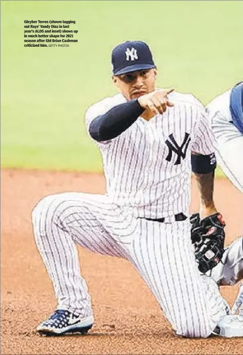  ?? GETTY PHOTOS ?? Gleyber Torres (shown tagging out Rays’ Yandy Diaz in last year’s ALDS and inset) shows up in much better shape for 2021 season after GM Brian Cashman criticized him.