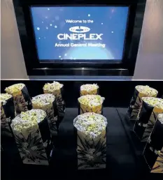  ?? NATHAN DENETTE/ THE CANADIAN PRESS ?? Bags of popcorn are shown during the Cineplex Entertainm­ent company’s annual general meeting in Toronto on May 17. The movie theatre company plans to buy back as much as 10 per cent of its public stock after a slow summer movie season.