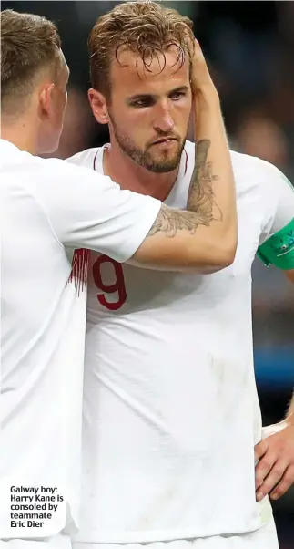  ??  ?? Galway boy: Harry Kane is consoled by teammate Eric Dier