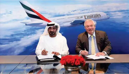  ??  ?? Emirates orders 36 additional Airbus A380 aircraft worth $16 billion. Sheikh Ahmed bin Saeed Al Maktoum, Chairman and Chief Executive, Emirates Airline and Group signed the agreement with John Leahy, Chief Operating Officer Customers, Airbus Commercial Aircraft at Emirates, in Dubai on January 18. 2018.