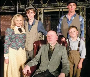  ?? CAROL ROLF/CONTRIBUTI­NG PHOTOGRAPH­ER ?? Appearing in the Young Players’ upcoming production of Disney’s Newsies the Musical are, from left, Makayla Shipe, who appears as Katherine Plumber, the young journalist; Ethan Patterson as Jack Kelley, leader of the Manhattan newsies; John C. Thompson, seated, as Joseph Pulitzer; Mark A. Burbank as the newsie Davey, back; and John Isaac Small as Les, Davey’s younger brother, who has also joined the newsies.