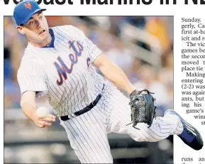  ?? AP; Paul J. Bereswill (2) ?? GROUND AND POUND: Seth Lugo, fielding a grounder by Ichiro Suzuki in the first inning, allowed two earned runs in the Mets’ 7-4 victory over the Marlins on Tuesday at Citi Field, where Curtis Granderson blasted two home runs despite starting the game...