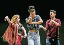  ??  ?? Sara Grant (from left), Vickie Anderson and Carlos Rivera perform a scene while rehearsing “Antony and Cleopatra.”