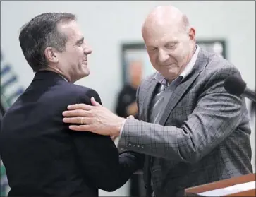  ?? Genaro Molina Los Angeles Times ?? CLIPPERS OWNER Steve Ballmer, right, shakes hands with Los Angeles Mayor Eric Garcetti last year.