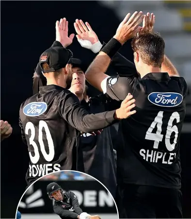  ?? GETTY, PHOTOSPORT ?? Black Caps seamer Henry Shipley, above, celebrates one of his five wickets yesterday while opener Finn Allen, left, scored 51.