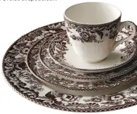  ??  ?? Brown transferwa­re in the ‘Delamere’ pattern, featuring the British Flowers border dating to 1831, is still made by Spode. Five-piece setting, MSRP $114, now $79.80 at spode.com