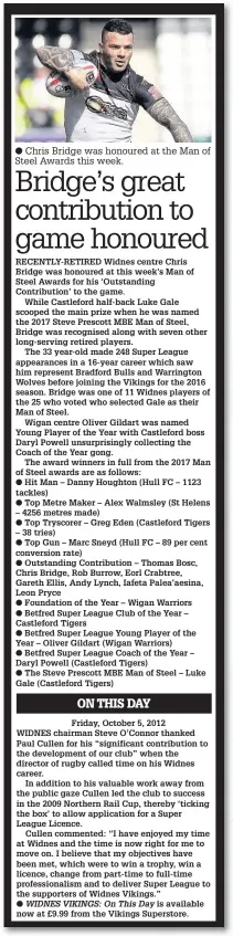  ?? Craig Galloway ?? Chris Bridge was honoured at the Man of Steel Awards this week.
Full-back Rhys Hanbury leads the Vikings on an attack against the Wigan Warriors in the teams’ controvers­ially-switched clash at the Select Security Stadium in February.