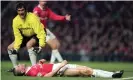  ??  ?? Roy Keane lies in despair after scoring an own goal in Manchester United’s 3-2 defeat by Real Madrid in the Champions League in 2000. Photograph: Shaun Botterill/Getty Images