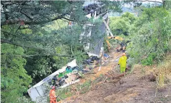  ?? Picture / Warren Buckland ?? Police say they are looking into what led the heavy haulage truck to crash off SH2 about 5km north of Norsewood.