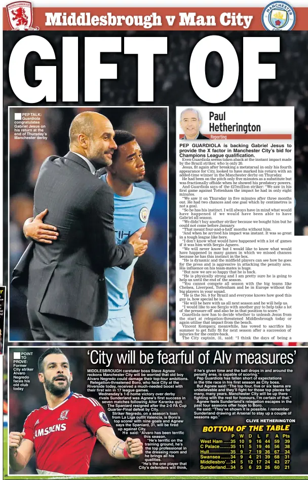  ??  ?? PEP TALK: Guardiola congratula­tes Gabriel Jesus on his return at the end of Thursday’s Manchester derby CAPTION: Words in here please in here a caption for this picture POINT TO PROVE: Former City striker Alvaro Negredo faces his old club today PEP...