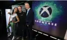  ?? Photograph: Casey Rodgers/AP ?? Sarah Bond, Phil Spencer and Matt Booty at the Xbox 2023 showcase.