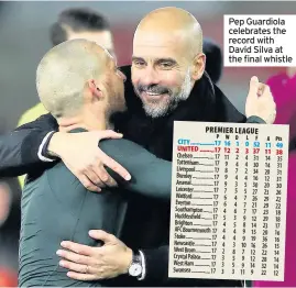  ??  ?? Pep Guardiola celebrates the record with David Silva at the final whistle