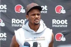  ?? AP Photo/Ron Schwane ?? Cleveland Browns quarterbac­k Deshaun Watson answers a question June 14 at the NFL football team's practice facility in Berea, Ohio.