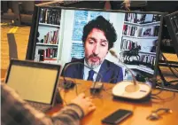  ?? DAVE CHAN AFP VIA GETTY IMAGES ?? Prime Minister Justin Trudeau testifies via videoconfe­rence during a House of Commons standing committee on finance on Thursday in Ottawa. Power is very much what’s at issue in the wake of Trudeau’s appearance, Susan Delacourt writes.