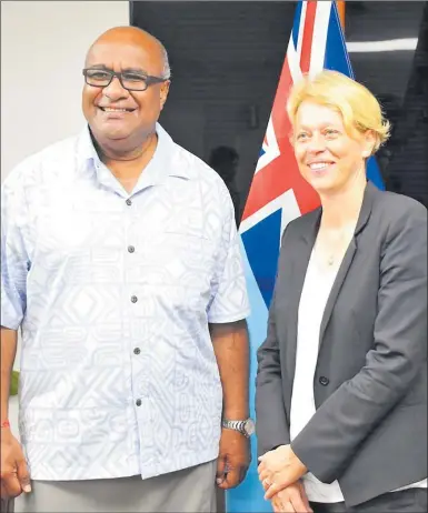  ?? Picture: SUPPLIED ?? Head of delegation of the European Union to the Pacific ambassador Barbara Plinkert, right, paid a courtesy call to Minister for Trade Manoa Kamikamica this week.