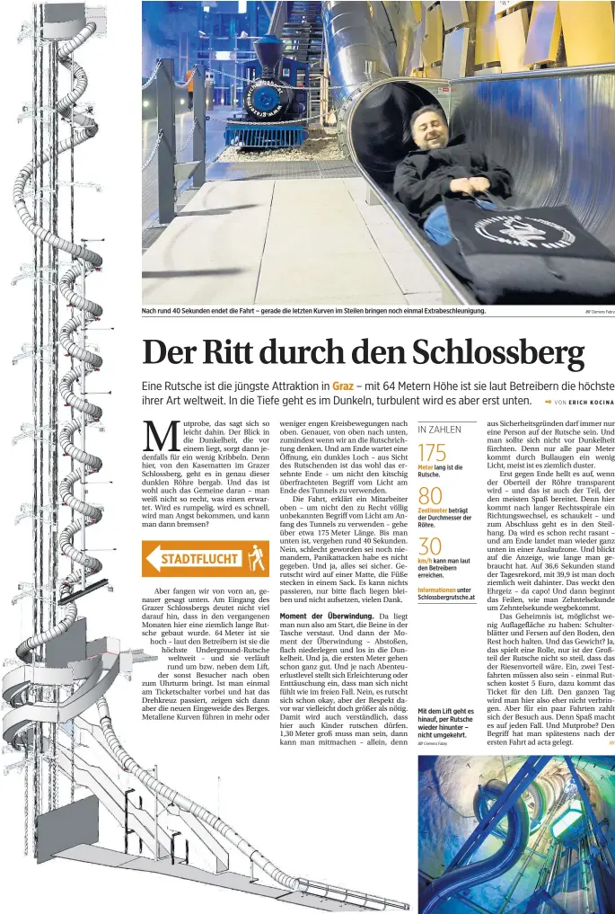  ?? Clemens Fabry Clemens Fabry ?? Nach rund 40 Sekunden endet die Fahrt – gerade die letzten Kurven im Steilen bringen noch einmal Extrabesch­leunigung. Mit dem Lift geht es hinauf, per Rutsche wieder hinunter – nicht umgekehrt.