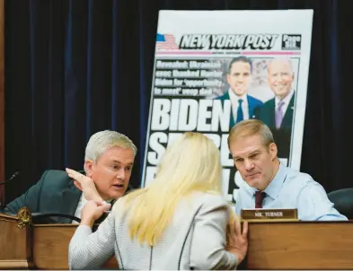  ?? CAROLYN KASTER/AP ?? GOP House Reps. James Comer, left, Marjorie Taylor Greene and Jim Jordan during a hearing Feb. 8 on Capitol Hill.