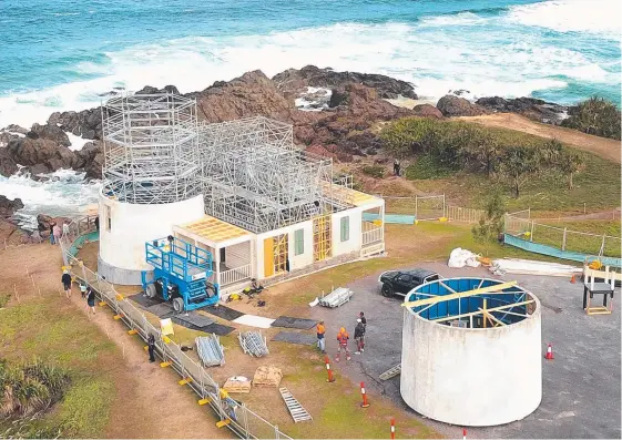  ?? Picture: MIKE BATTERHAM ?? The Curry Lighthouse set being built for the Aquaman movie is rising from the rocks at Hastings Point in northern NSW.