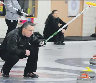  ?? JASON SIMMONDS/TC MEDIA ?? Phil Gorveatt, of the host Charlottet­own Curling Complex, skipped the winning men’s rink at the P.E.I. Credit Unions senior curling championsh­ips on Sunday. Shelly Ebbett captured the women’s title on Monday morning.