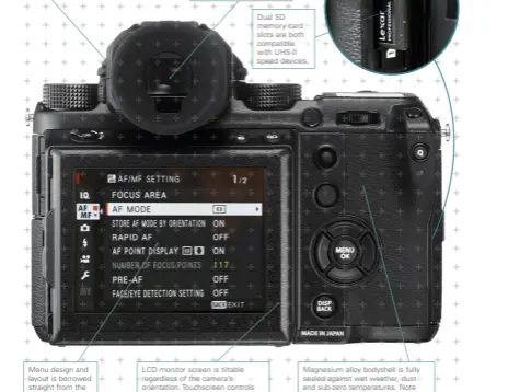  ??  ?? The EVF adds a small amount of bulk and weight. Fujifilm’s design makes it easy to adopt a better viewfinder in the future, giving the GFX 50S body a longer life cycle. Menu design and layout is borrowed straight from the X Mount cameras. EVF eyepiece...