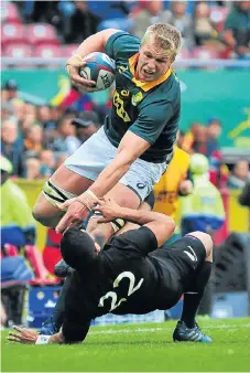  ?? /Gallo Images ?? Rewarded: Pieter-Steph du Toit barges over New Zealand’s Lima Sopoaga during the Test at Newlands in October 2017. Du Toit reaches new heights on Saturday when he captains the Boks against Wales.