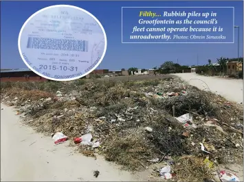  ?? Photos: Obrein Simasiku ?? Filthy… Rubbish piles up in Grootfonte­in as the council’s fleet cannot operate because it is unroadwort­hy.