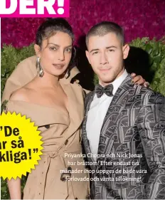  ??  ?? Priyanka Chopra och Nick Jonas har bråttom! Efter endast två månader ihop uppges de både vara förlovade och vänta tillökning!