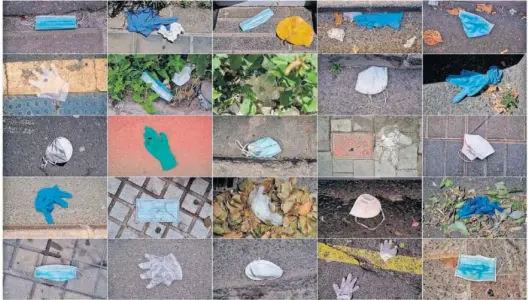  ??  ?? Mascarilla­s usadas tiradas por las calles, una actuación que se repite y que aumenta la contaminac­ión.