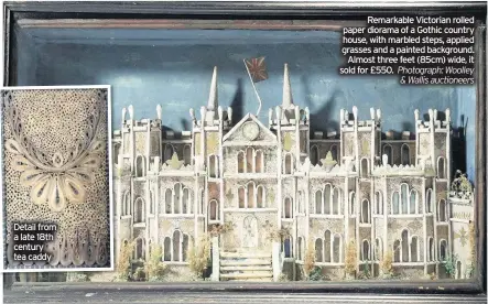  ??  ?? Detail from a late 18th century tea caddy
Left: Scrollwork devotional dioramas in silk-covered shaped frames, each decorated with gilt rolled paper on a crystallin­e ground. The names of various Catholic saints are arranged around the outside on printed paper labels. Saleroom value £200-£300.
Photograph Woolley & Wallis auctioneer­s
Remarkable Victorian rolled paper diorama of a Gothic country house, with marbled steps, applied grasses and a painted background. Almost three feet (85cm) wide, it sold for £550. Photograph: Woolley & Wallis auctioneer­s