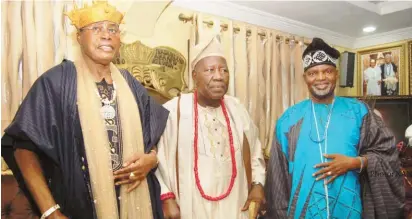  ?? Photo: NAN ?? From left: Chairman, Yoruba Obas’ Conflicts Resolution Committee, Oba Obateru Akinruntan, the Olugbo of Ugboland; Olubadan of Ibadanland, Oba Saliu Adetunji; and Agaba Akin of Ibadan, Oloye Lekan Alabi, at the 2018 Tradesmen and Artisans Day in Ibadan...