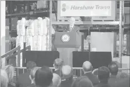  ??  ?? Vice President Mike Pence speaks on Saturday at the Harshaw Trane Parts and Distributi­on Center in Louisville, Ky.