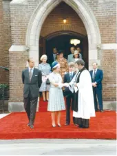  ??  ?? Prince Philip and Queen Elizabeth leave St. John’s Anglican Church — now St. Aidan — and speak briefly with Rev. John Matheson, in 1978. Photo courtesy Moose Jaw Public Library