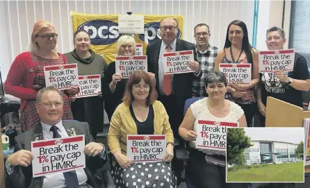  ??  ?? Easington MP Grahame Morris, centre back row, with staff from the Peterlee office of the HMRC, pictured inset.