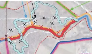  ?? GRAFIK: ERFTVERBAN­D ?? Der Erftradweg (hier orange) soll erhalten bleiben. Wo der neue Flussverla­uf (hellblau) kreuzt, sollen Brücken gebaut werden.