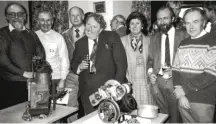  ??  ?? 1986: High Peak Vintage MCC DOT night. The engine on the left is a Bradshaw, which DOT used in the late 1920s. The other is a modified 122cc Villiers engine from the 1951 TT machine. The people from left: Ted Hardy, DOT Historian; Bill Barugh; Norman...