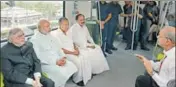  ?? HT PHOTO ?? (From left) Kerala governor P Sathasivam, PM Narendra Modi, CM Pinarayi Vijayan, Union minister Venkaiah Naidu and Metro Man E Sreedharan take a ride in the Kochi Metro on Saturday.