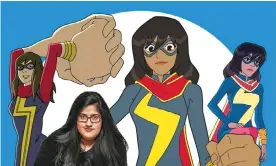  ??  ?? ‘What a gift’ … Bisha K Ali with some of the cartoon versions of Ms Marvel. Composite: Marvel Entertainm­ent/Disney XD/Getty Images/Linda Kupo