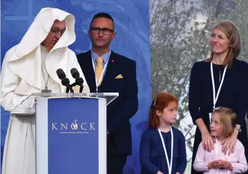  ?? (Dylan Martinez/Reuters) ?? POPE FRANCIS leads the Angelus yesterday at the Knock Shrine in Knock, Ireland.