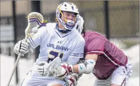  ?? James Franco / Special to the Times Union ?? Ualbany freshman Camden Hay had two goals and four assists in the season-opening victory over Colgate on Saturday.