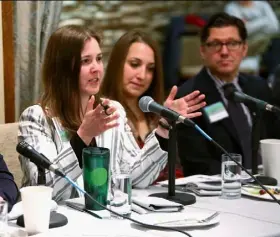  ?? Andrew Rush/Post-Gazette ?? Aurora Sharrard speaks at the Celebrate Sustainabi­lity Business Breakfast at Vallozzi’s, Downtown.