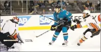  ?? JOSIE LEPE — STAFF PHOTOGRAPH­ER ?? The Sharks’ Danny O’Regan shoots against Ducks goalie Reto Berra, who made the save Monday.