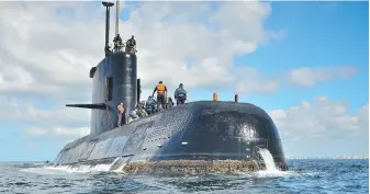  ??  ?? A photo provided by the Argentine Navy shows the ARA San Juan near Buenos Aires. The wreckage of the sub has been found a year after it vanished deep in the Atlantic Ocean with 44 crew members.