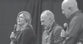  ?? ?? Iowa State volleyball coach Christy Johnson-Lynch, left, and wrestling coach Kevin Dresser, center, speak with radio broadcaste­r John Walters during the Cyclones Tailgate Tour on Thursday at MidAmerica­n Energy RecPlex in West Des Moines.